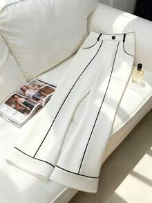 Franclia 女士优雅休闲喇叭裤，撞色滚边设计，适合居家、办公及通勤穿着，秋冬季款 - 白色 - 查看 6