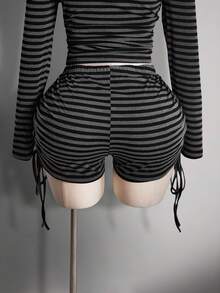 SHEIN ICON Plus Size Y2K Dark Punk Style Casual Side Ruched Drawstring Striped Shorts Goth Shorts Black And Gray Striped Shorts Ruched Shorts - Black - View 2