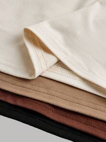 Girlism 4 piezas Camisetas de manga larga de cuello redondo de punto ajustado de un solo color para niñas preadolescentes, versátiles camisetas interiores para otoño/invierno - Caqui - Ver 3