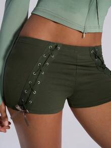 TypaGal Winter Summer Party  Y2K Edgy Chic Urban Bold Modern Rebel Sparkle Wild Sexy Stylish Green Drawstring Bow Knitted Slim-Fit  Women's Fashionable Sexy Criss-Cross Lace-Up Low Waist Mini Shorts - Dark Green - View 1