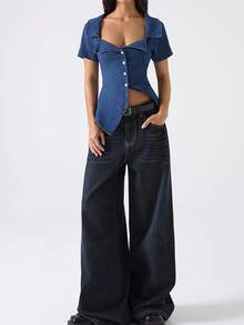 LYSMO Women's Fashion Front Button Fitted Denim Blouse - Navy Blue - View 6