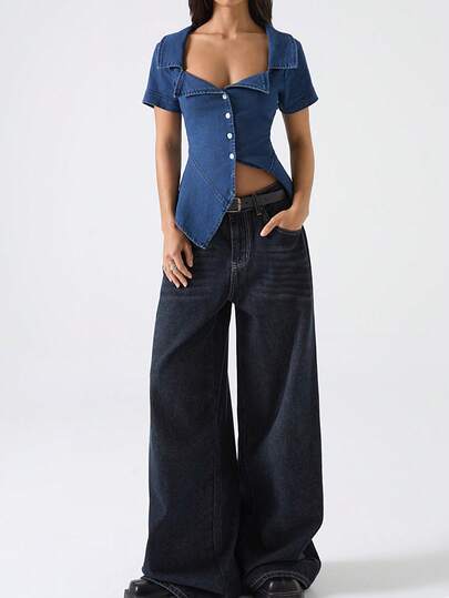 LYSMO Women's Fashion Front Button Fitted Denim Blouse