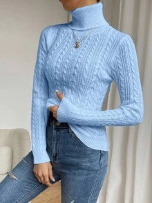 EMERY ROSE Suéter casual de cuello alto de punto trenzado de manga larga y ajuste ceñido para mujer, para otoño/invierno - Celeste - Ver 7