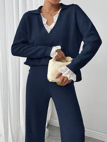 Modelyn Damen Herbst/Winter sanfter Kontrast Spitzen Langarm Pullover und gestrickter Hosen Set - Königsblau - Übersicht 4