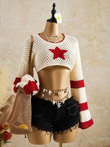 Bellisia Suéter retro de mujer con bloques de color y rayas con estrellas - Multicolor - Ver 4