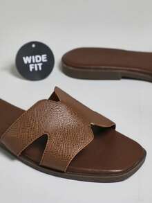 SHUZIA 宽版女式奢华风格露趾露趾简约棕榈印花PU深橄榄色拖鞋 - 加大码舒适