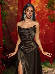 Glamrae Elegantes minimalistisches apokalyptisches vintage Satin plissiertes Meerjungfrau-Saum Abendkleid, geeignet für Festivals, Hochzeiten, Galas, Bankette, Geschäftsveranstaltungen und Konzerte - Kaffeebraun - Übersicht 3