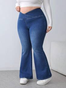 SHEIN PETITE CURVE 秋冬季加大码女式不对称腰身休闲百搭舒适高弹针织蓝色水洗喇叭牛仔裤 - 深色水洗藍 - 查看 7