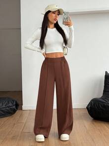 SHEIN PETITE 女款棕色 Y2K 高腰寬腿褲，純色休閒寬鬆正式西裝褲，秋季校園穿搭長褲，適合小個女生 - 棕色 - 查看 7