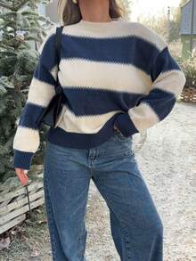 Jeta Ari Striped Loose Fit Round Neck Long Sleeve Sweater For Women,Long Sleeve Tops,Fall Women Clothes - Royal Blue - View 3