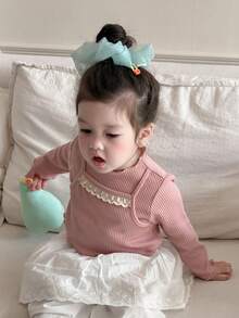 DAZY Baby Girls 2 In 1 Solid Color Lace Patchwork Cute Sweet Long Sleeve Top Toddler Girls Clothes - Pink - View 4