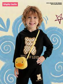 SHEIN Explorewe Baby Boy 2pcs Cute Bear Print Fleece Hoodie Top And Pants Set, Casual Outfit For Fall/Winter - Black - View 9