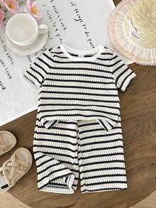 LMoss Kids 2件套女婴针织条纹休闲T恤和打底裤套装