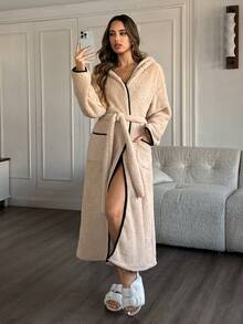 HautHeat Women's Casual Warm Long Sleeve Knotted Waist Robe - Burgundy - View 1