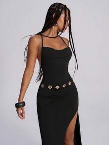 TypaGal Y2K Edgy Chic Urban Rebel Black Summer Seksi Chic Night Out Cowl Neck High Side Slit Metal Decoration Backless Women's Fashion Halter Dress - Black - View 3