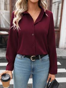 Elenzga Women's Casual Solid Color Button-Up Long Sleeve Shirt, Suitable For Commuting - Burgundy - View 3