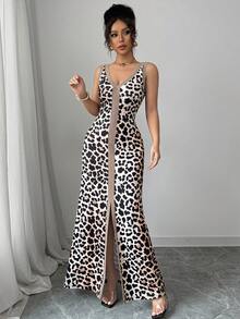 largo con abertura frontal, estampado de leopardo en bloque de color, escote en V bajo y ajustado sin mangas con cuello simétrico para mujeres - Multicolor 3 - Ver 6