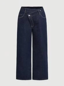 SHEIN Tall CURVE 秋冬夏季加大码女式直筒牛仔裤，休闲宽松不对称腰线设计，原色牛仔布 - 深色水洗藍 - 查看 9