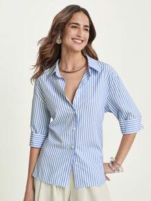 CAJUNI 女式条纹七分袖单排扣休闲宽松衬衫 - 藍色 - 查看 9