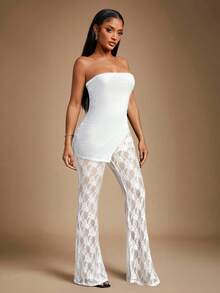 Radiana Bộ đồ ren trắng 2 món gợi cảm và thanh lịch dành cho nữ, gồm áo bandeau gân dày và quần ống loe ren, vải co giãn cao ôm sát cơ thể, thích hợp cho các buổi hẹn hò, tụ tập, tiệc tùng, câu lạc bộ, cuộc sống về đêm - trắng - Xem 6