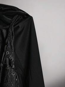 SHEIN ICON 女士黑色褶皱提花腰带拼接荷叶边露肩喇叭袖波浪下摆A字雪纺衬衫，适合派对和休闲穿着 - 黑色 - 查看 12