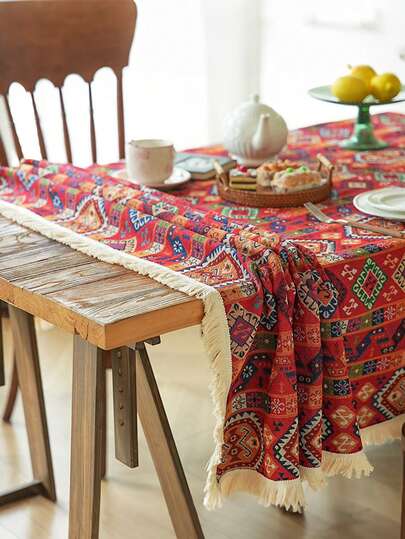 مفرش طاولة مزخرف منسوج بطريقة جاكارد ذو هامش إبداعي، ديكور منزلي فاخر لطاولة الطعام والقهوة