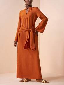 Zivah 2026 Spring/Summer New Music Festival Casual Vacation Commute Style V-Neck Flare Sleeve Waist Tie Loose New Chinese Style Long Linen Dress - Brown - View 3