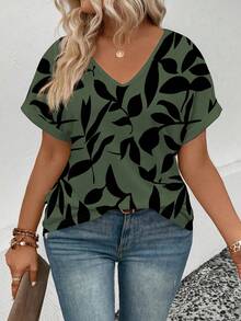 EMERY ROSE Women's Autumn/Winter New Arrival Hot Selling Leaf Silhouette Print V-Neck Casual Plus Size T-Shirt - Multicolor - View 4