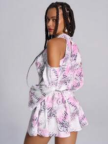 TypaGal Y2K Edgy Chic Urban Bold Modern Rebel Sparkle Wild Sexy Stylish New Year Winter Summer Pink Leopard Print Cowl Neck Loose Cuffs Long Sleeve Halter Neck Women Mini Dresses - Pink - View 2