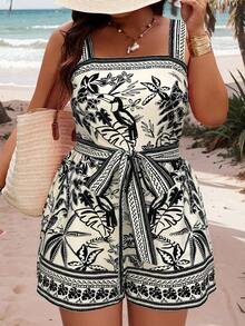 SHEIN Clasi Plus Size Women Tropical Plant Print Casual Vacation Style Jumpsuit - Multicolor - View 3
