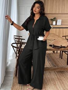 Weeklong Plus Size Women Solid Color Short Sleeve Single-Breasted Shirt And Wide Leg Pants Casual 2 Pieces Set - Black - View 4