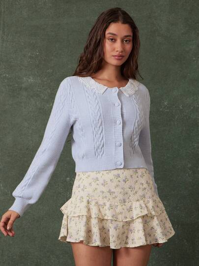 WESTFADE Mixed Cable Knit & Eyelet Scoop Neck Button Front Relaxed Fit Cardigan Sweater