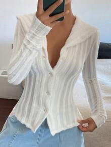 DAZY قميص كاجوال بأكمام طويلة وياقة للنساء من قماش ذو ملمس نسيجي وقصة ضيقة - بيج - مشاهدة 1