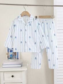 Young Boys Pajamas-2 Piece Pajama Set Spring To Summer White Blue Stripes Sailboat Print Long Sleeve Button Front Collar Top Long Pants Elastic Waist Cozy Sleepwear Four Seasons 2026 Holiday Essential Classic Nautical Stylish Casual Home Bedtime Gift - Multicolor - View 3