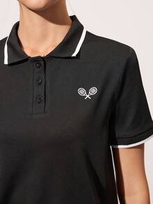 CourtClass 女士撞色滚边短袖运动Polo衫，夏季短袖网球上衣，女士高尔夫上衣，网球Polo衫，女士Polo衫 - 黑色 - 查看 4