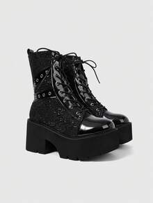 Sugerpunk Women's Glossy Thick Sole Punk Style Lace-Up Chunky Heel Ankle Boots For Christmas - Black - View 3