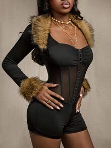 Amplova 女士网眼拼接透视紧身衣，性感毛茸茸拼接长袖，适合日常穿着，约会，新年，纯色拼接皮草时尚服装，秋冬 - 黑色 - 查看 12