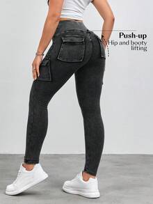 SHEIN FlexDen Women's Casual Washed High Waist Slim Fit Cargo Jeans - Black - View 2