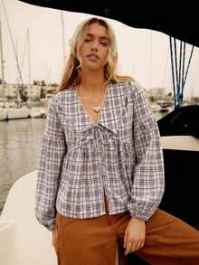 WESTFADE ملابس علوية ملابس علوية قطنية مربعات الياقة على شكل V مع ربطة عنق، أكمام فانوس طويلة، قصة فضفاضة، طبقات من الكشكشة، مناسب للخريف والشتاء والملابس الغربية والكاجوال والبوهيمي والحفلات الريفية - كاكي - مشاهدة 1