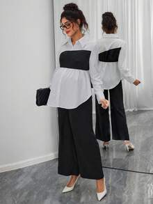 Momance 2pcs Maternity Casual Long Sleeve Top And Wide Leg Pants Set - Black - View 6