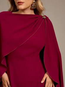 Auralis 金属扣装饰披肩袖收腰喇叭裙摆连衣裙，适合音乐会、演出、约会、正式晚宴、盛会、婚礼、情人节、派对、性感、通勤、优雅浪漫、生日派对等场合。 - 酒紅色 - 查看 9