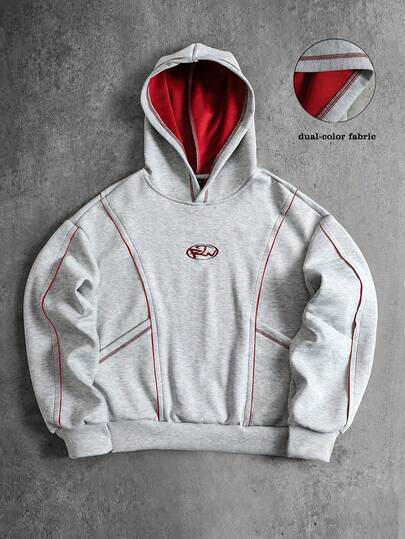 Sudadera con capucha de hombre con parches y contraste de colores, estilo callejero retro