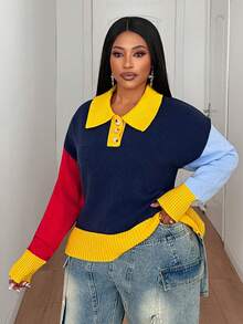 Maweii Femmes Décontracté Simple Polyvalent Style Universitaire Jeune Mode Navetteur Rue Fête Polo Chemise Bouton Manches Longues Épaule Tombante blocs de couleurs Col Ample Droit Ajusté Plus Taille Tricot Pull Top, Automne Hiver - Multicolore - Voir 3