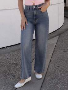 Andrea Bello Women Fashionable High Waist Simple Design Straight Wide-Leg Denim Jeans - Dark Wash - View 5