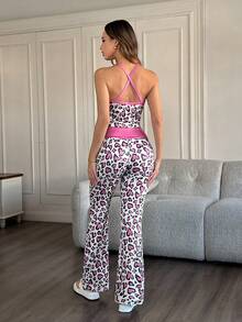女士豹纹露脐吊带背心和喇叭裤睡衣套装 - 粉色 - 查看 2