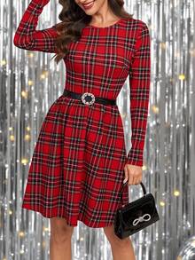 Ellevyn 女式圆领长袖红黑格子印花收腰弹力针织优雅日常及节日连衣裙，秋冬 - 彩色 - 查看 8