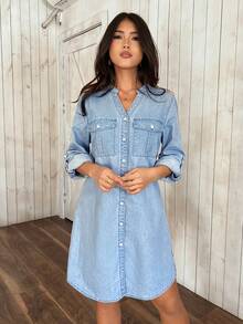 SHEIN PETITE Casual Commuting Washed Front Button Denim Dress - Blue - View 6