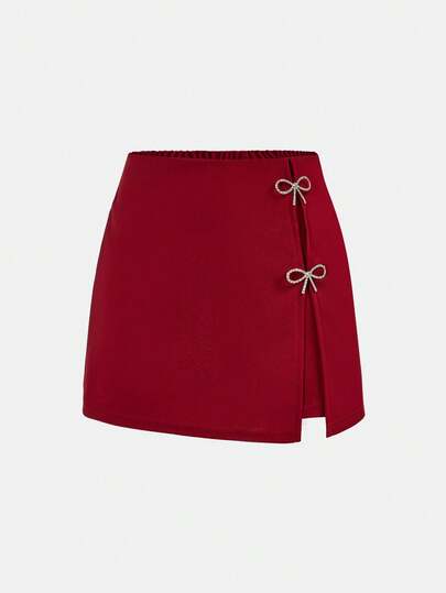 SHEIN Girlism Tween Girls' Rhinestone Bow Decor Casual Skirt Pants, Fashionable & Versatile For Any Occasion