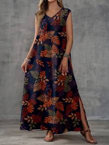EMERY ROSE 休闲复古优雅度假风百搭舒适藏蓝色枯枝印花无袖V领长裙，适合春夏女性穿着。 - 彩色 - 查看 4