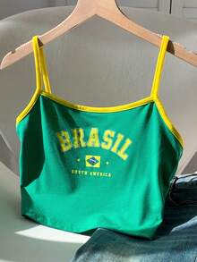 SHEIN EZwear 字母图案撞色包边吊带背心足球衫 - 綠色 - 查看 5